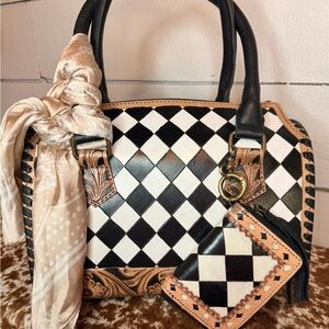 Black & White Checkered Leather Satchel with Tan Accents - Medium size